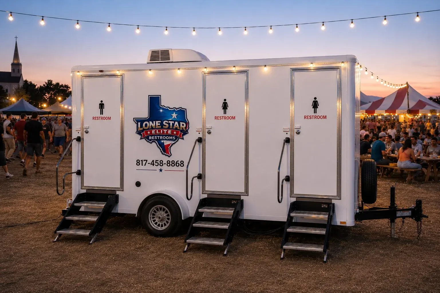 Luxury restroom trailer at outdoor wedding